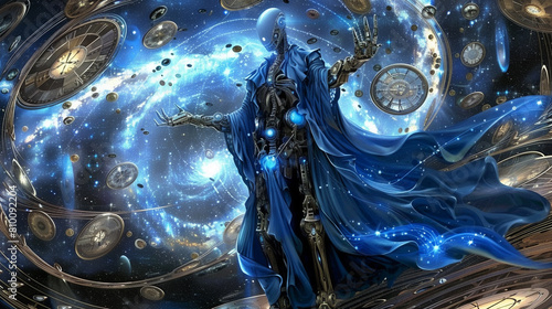 A cybernetic robot god of time standing at the intersection of swirling cosmic clocks and galaxies, robe flowing with the stars , hyper realistic, low texture, low noise
