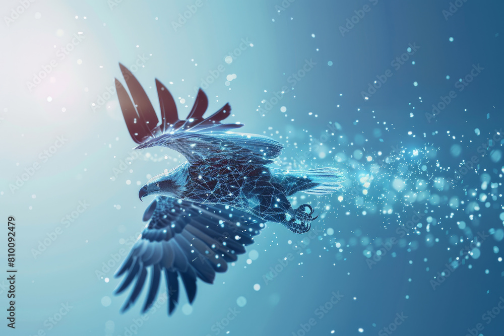 A bird with its wings spread out in the air, surrounded by a blue sky A bird with its wings spread out in the air, surrounded by a blue sky