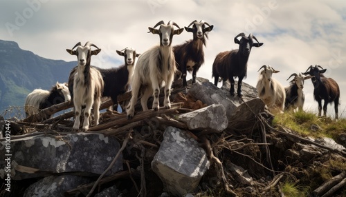 Herd of goats standing on a rocky mountain hill against a cloudy sky photo