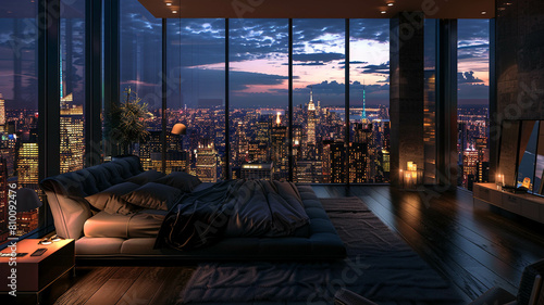 penthouse bedroom at night, with a sense of solitude and contemplation, overlooking the sprawling city lights © Partha