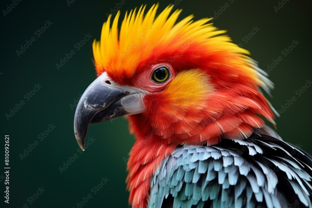 Close-up vibrant sun parakeet portrait showcasing the colorful plumage and vivid beak of this exotic bird in its natural tropical habitat