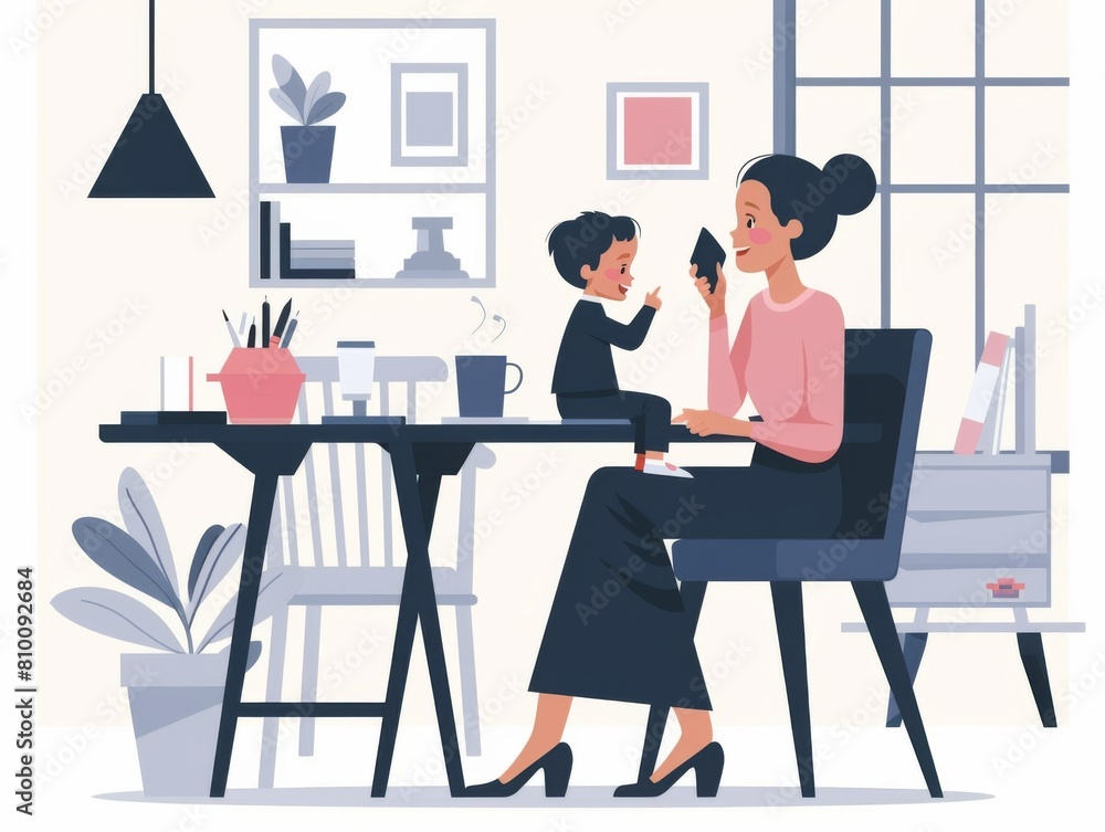 Fototapeta premium A young boy chats with his mother, who is talking on a phone, in a cozy home interior.