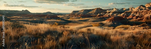 Late afternoon in the badlands with long shadows and glowing red rocks, offering a serene yet haunting landscape view photo