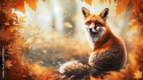 Charming Fox in Autumn Woodland - Detailed 2D Illustration with Copy Space for Text. Vibrant Fall Foliage Frames the Cunning Creature. Rustic Earthy Hues.