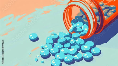 light blue fentanyl pills, spilling from container, in front of blank background, in the style 1950s travel poster vector illustration