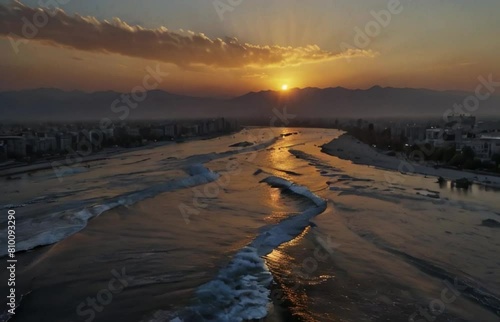 Wallpaper Mural A river between two cities in a valley between mountains, sunset over the mountains and a river with two cities, a river dividing two cities in mountain Generative AI Torontodigital.ca
