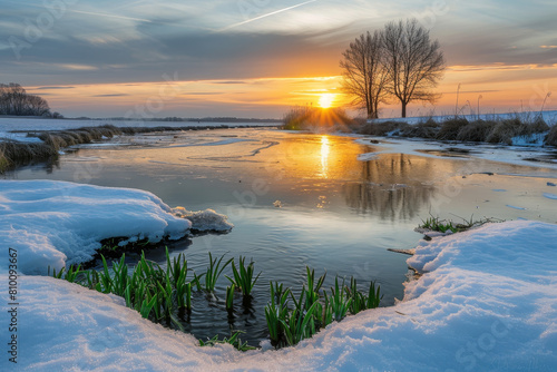 A serene winter scene with a small pond and a tree in the background