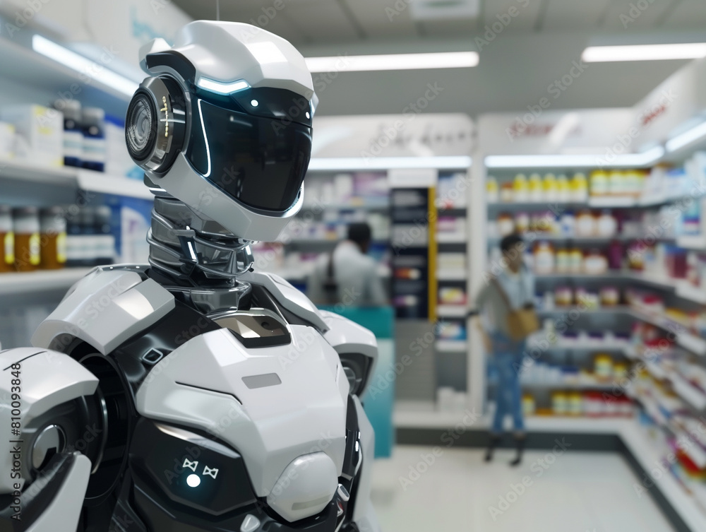 A friendly cybernetic robot offering expert advice on health supplements to customers in a bright, organized pharmacy setting , hyper realistic, low texture, low noise A friendly cybernetic robot offering expert advice on health supplements to customers in a bright, organized pharmacy setting , hyper realistic, low texture, low noise