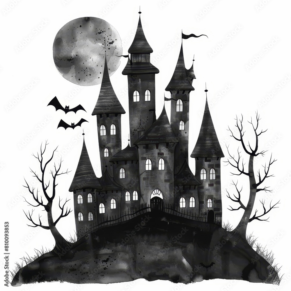 Haunting Gothic Manor on Eerie Halloween Night with Full Moon and Bats