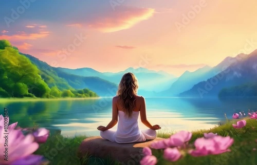 Wallpaper Mural Girl doing spiritual yoga beside a lake and mountains, woman meditation in lotus position, female yoga in nature generative AI Torontodigital.ca