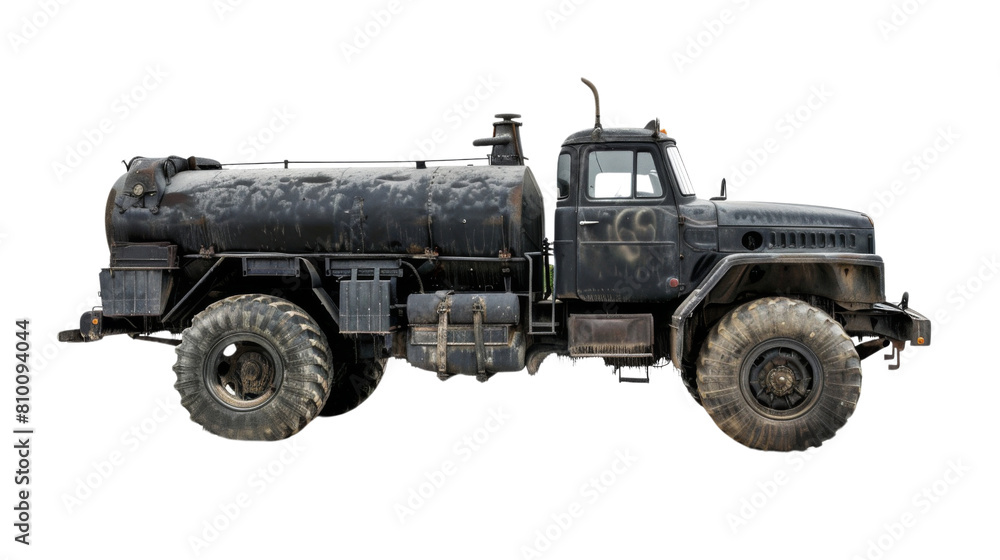 A large tank black truck, on white background, png transparent A large tank black truck, on white background, png transparent