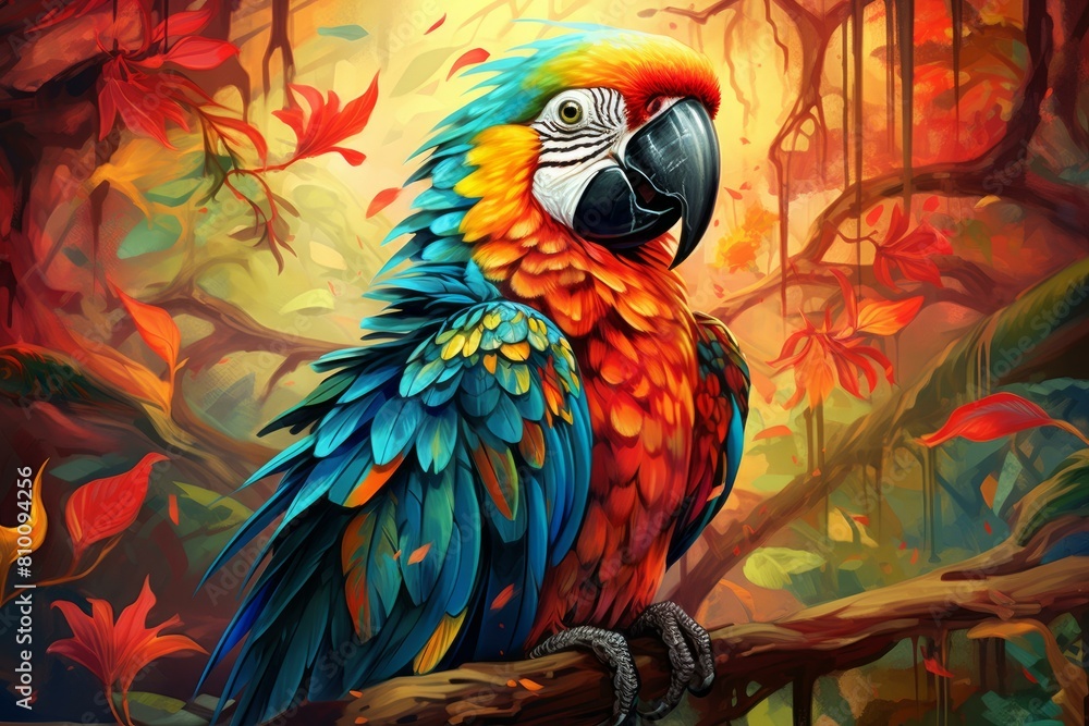 Obraz premium Colorful illustration of a macaw parrot in a lively autumnal woodland scene