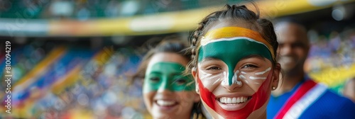 Joyful Supporters at a South African Sports Match Celebrate with Painted Faces and National Pride photo