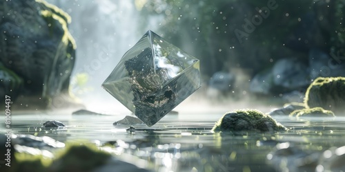 a geometric cube in a vivid, sparkling water environment, highlighted by light beams and mist, suited for dynamic visuals in high-energy advertisements or creative projects. photo