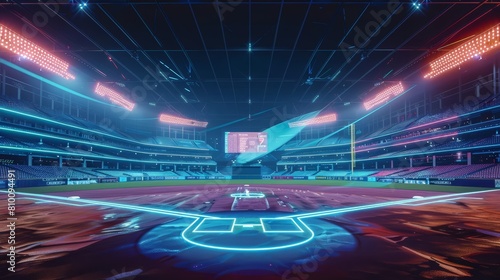 A baseball stadium showcasing an empty field with holographic players and neon outlines, perfect for a creative AI image with copy space