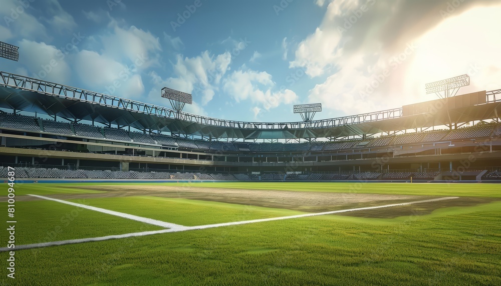 A deserted cricket ground with interactive, cyberthemed pitch graphics and empty stands, crafted for a unique AI image with copy space A deserted cricket ground with interactive, cyberthemed pitch graphics and empty stands, crafted for a unique AI image with copy space