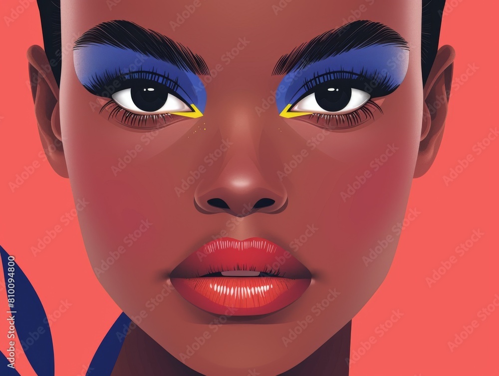 Digital illustration of a female model with vivid blue and yellow makeup against a pink background. Digital illustration of a female model with vivid blue and yellow makeup against a pink background.
