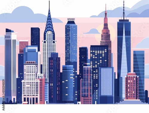 Vector illustration of a stylized city skyline with tall buildings and pastel sky.