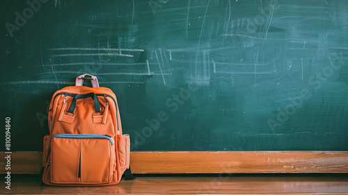 school backpack standing prominently in front of a chalkboard photo