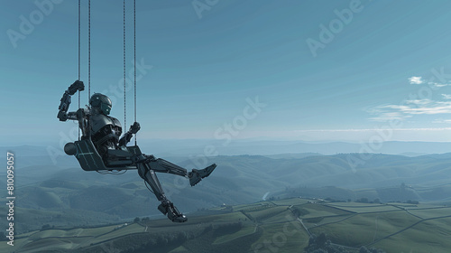 A surreal depiction of a cybernetic robot napping on a sky-high swing, swinging gently over a scenic landscape of rolling hills below , hyper realistic, low texture, low noise