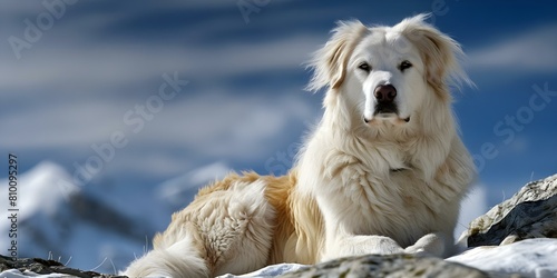 Great Pyrenees breed used as livestock guardian in French Alps protecting flocks. Concept Great Pyrenees, Livestock Guardian, French Alps, Flock Protection, Working Breed photo