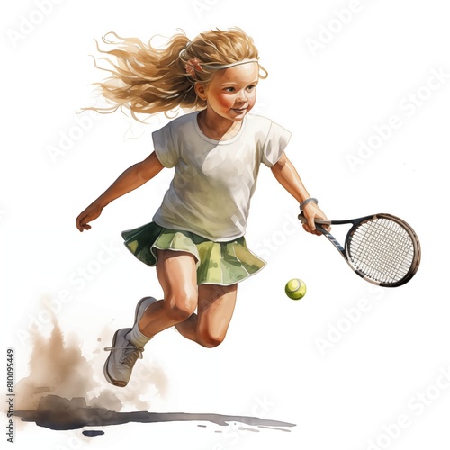 girl playing tennis, watercolor style, jumping clip art preview