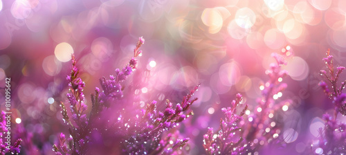 Macro shot of dew drops on heather with the early morning light creating a bokeh effect in the background on a heathland