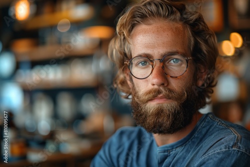 A contemporary individual with a thick beard and round glasses maintains a casual pose against a stylish bistro backdrop