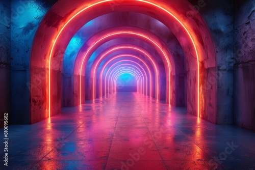 A visually striking image showcasing a corridor with neon lights leading into the distance  creating a sense of depth and wonder