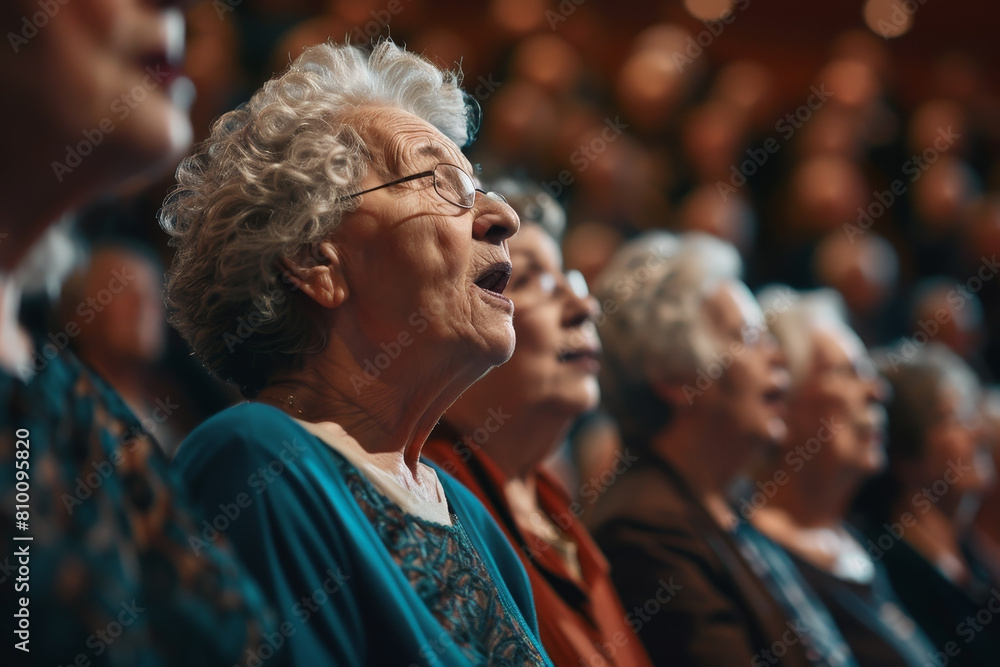 A group of elderly people are sitting in a theater, watching a performance