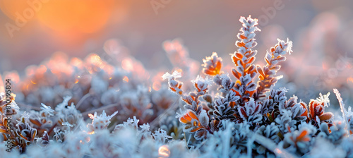 Macro shot of frost on tundra vegetation, highlighting the intricate frost patterns and vibrant survival flora in a permafrost region