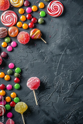 Caramel candies and lollipops. Colored candies. On a black background. View from above. place for text. 