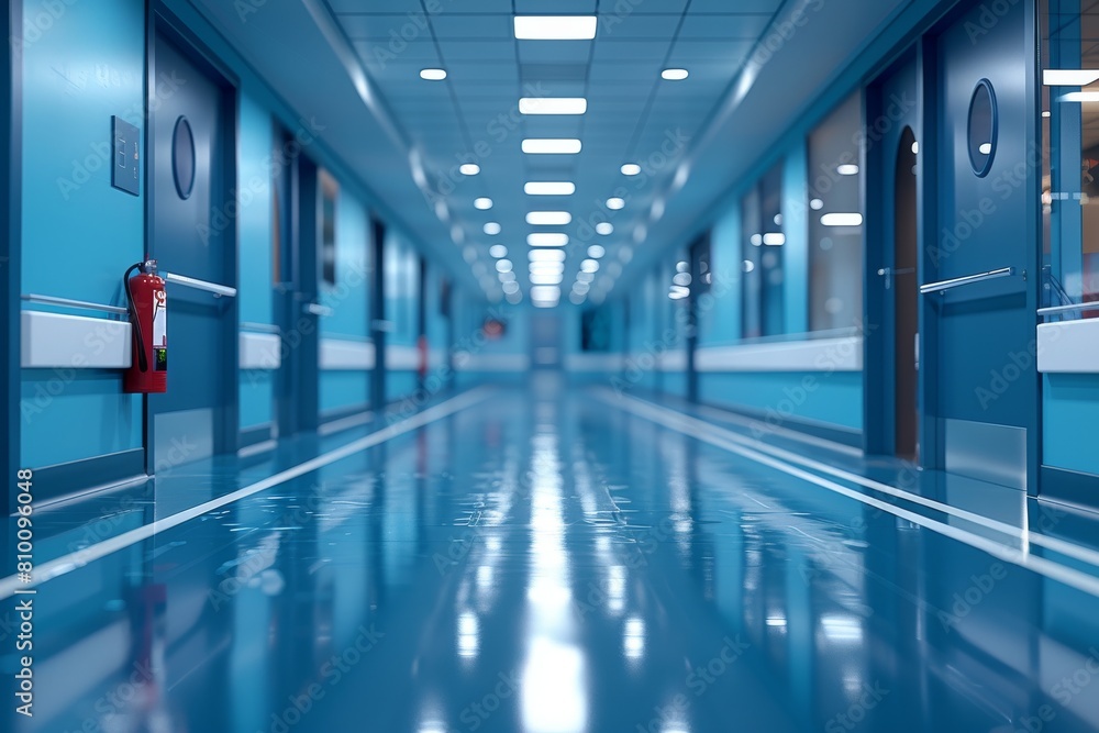 Fototapeta premium Showcasing an impeccably clean hospital corridor with reflective floors and a sleek, modern design