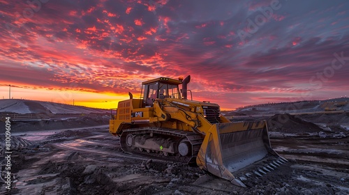 yellow bulldozer equipped with a shovel excavates the earth, its powerful engine roaring against the backdrop of a breathtaking sunset sky painted in hues of orange and pink