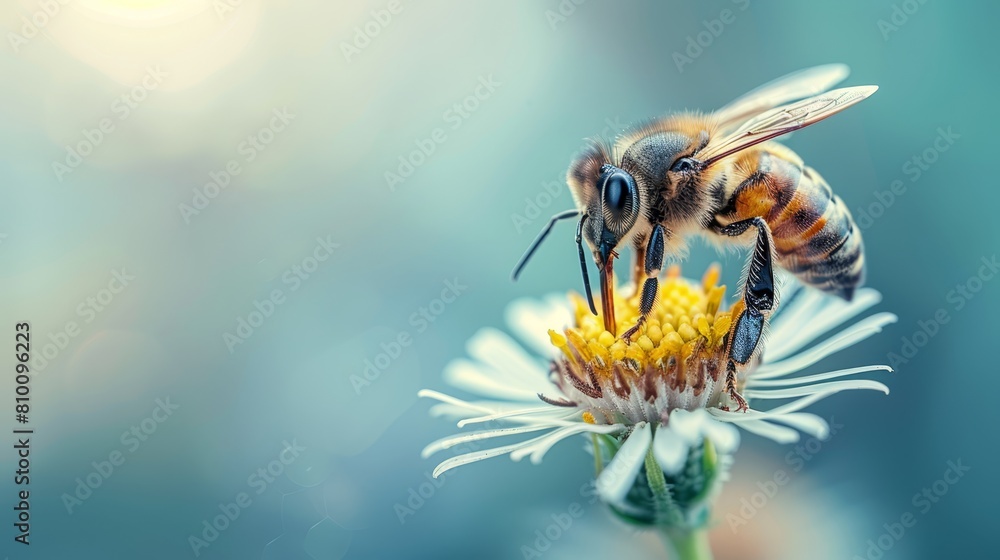 A bee atop a flower, wings spread wide, head tilted to the side A bee atop a flower, wings spread wide, head tilted to the side
