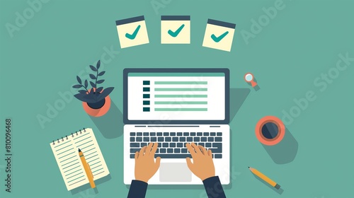 A laptop is open on a table with a green background