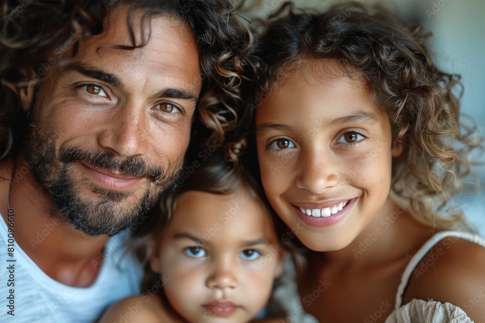 Close-up of a charming father with curly hair and bright eyes, with his two young children smiling warmly at the camera