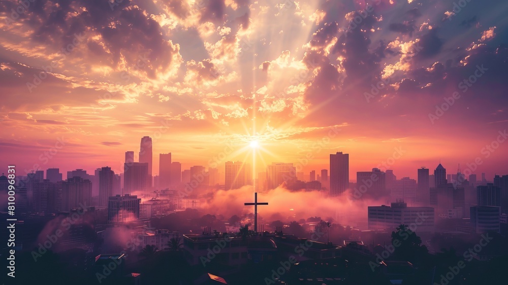 Clean design with room for text next to an image of a Christian sunrise over a city skyline