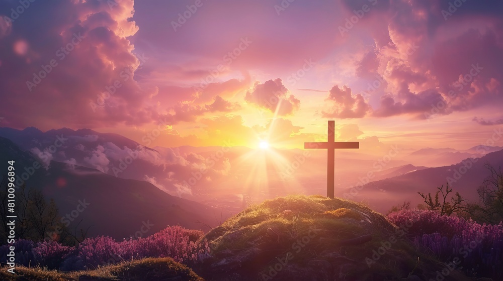 Clear space for message next to an image of a Christian sunrise over mountains