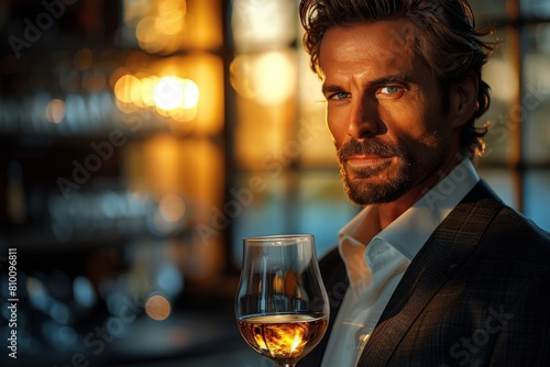A confident man holding a whiskey glass in an elegant bar captures sophistication and relaxation
