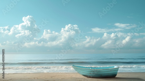   A tiny blue boat atop a sandy beach, beside the ocean, beneath a blue sky studded with white clouds © Wall