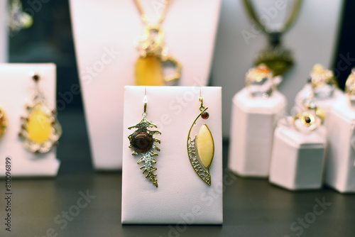 Pendants made of amber. Jewelry store