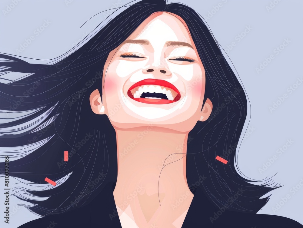 Illustration of a woman laughing with eyes closed, her hair flowing, set against a plain background. Illustration of a woman laughing with eyes closed, her hair flowing, set against a plain background.