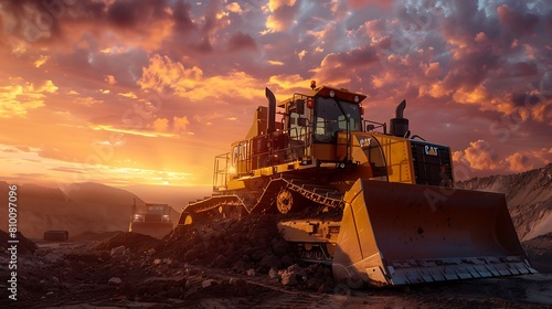 yellow bulldozer equipped with a shovel excavates the earth, its powerful engine roaring against the backdrop of a breathtaking sunset sky painted in hues of orange and pink