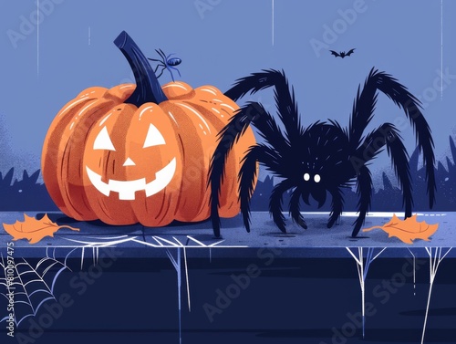 Illustration of a grinning pumpkin next to a large spider on a dark background with ample copy space.