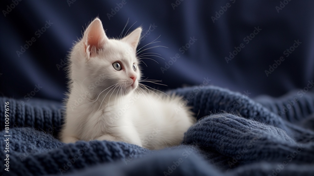 Dreamy Scene of a White Kitten on a Deep Navy Background, Showcased in Full Ultra HD with a Realistic Furry Texture Dreamy Scene of a White Kitten on a Deep Navy Background, Showcased in Full Ultra HD with a Realistic Furry Texture