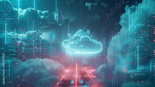 A computer generated image of a city with a large cloud in the sky. The city is lit up with neon colors and the cloud is glowing with a bright blue hue