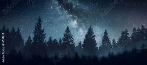 Nighttime in a coniferous forest under a starry sky, the silhouettes of pine trees against the Milky Way, capturing the tranquility and vastness of the wilderness photo