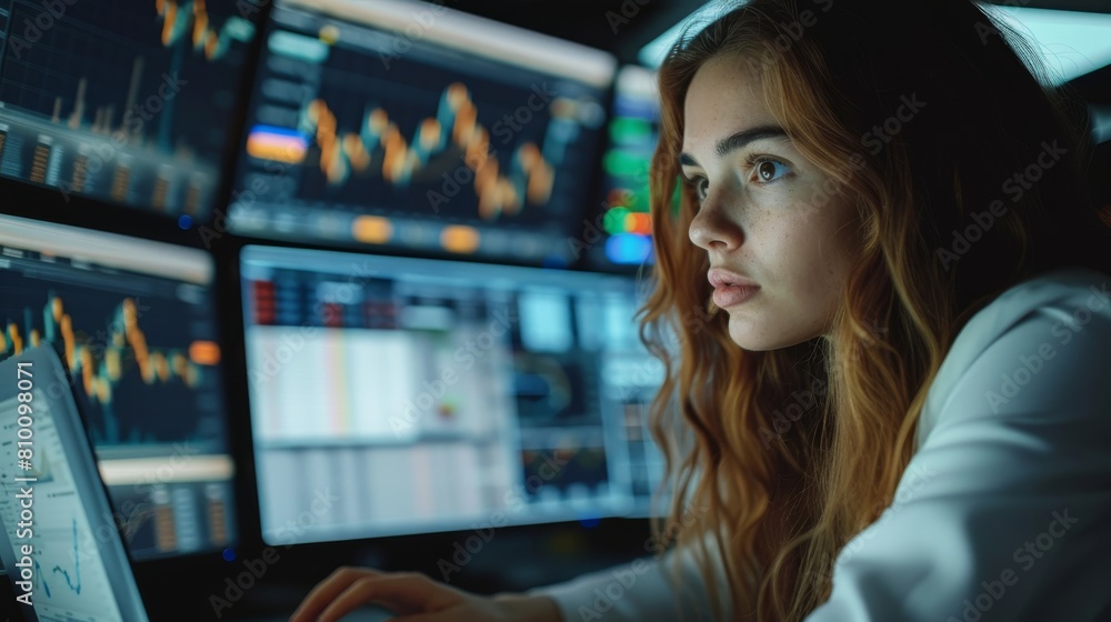 . Generative AI.Trading woman in office with a laptop in front of stock market monitors, in the style of dark white and light white, secluded settings . Generative AI.Trading woman in office with a laptop in front of stock market monitors, in the style of dark white and light white, secluded settings