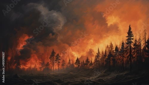 Dramatic wildfire consuming a forest with smoke and fiery sky